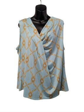 Como Blu Light Blue Gold Chain Link Surplice V-Neck Sleeveless Top Plus 1X NWT